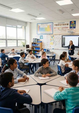 Children sitting at desks in a classroom with a teacher standing by the whiteboard