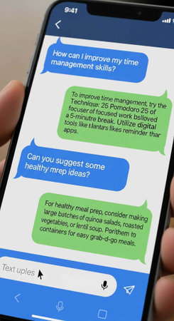 A phone screen shows a chat conversation with tips on improving time management and healthy meal...