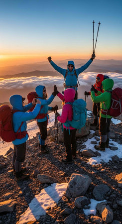 Hikers in colorful jackets and backpacks high-five on a snowy mountain peak at sunsetの写真素材