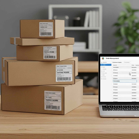 Brown cardboard boxes with barcodes stacked on a wooden desk beside an open laptop