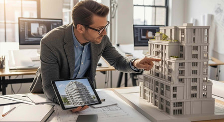 Man in glasses examining architectural model and digital blueprint on tablet in office setting