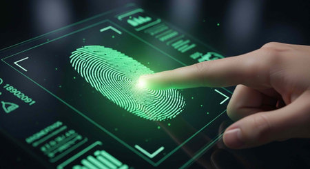 Close-up of a hand interacting with a futuristic fingerprint scanner on a digital screen