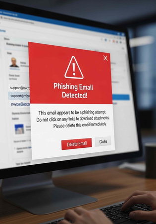 Computer screen displays phishing email alert with red warning and delete option on desk