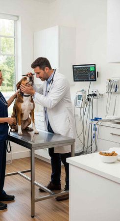 Male vet in white coat examining dog with female assistant, medical equipment, and window in...