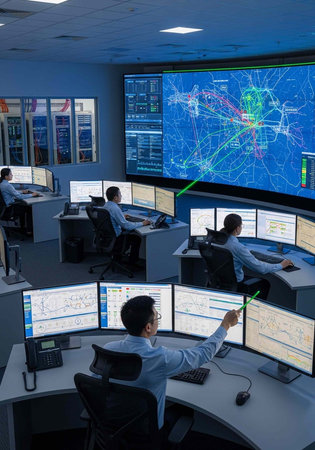 People in a control room working on computers with a large map on the wall