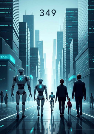 A group of humans and robots walk together in a futuristic city with sleek skyscrapers and neon lights.の写真素材