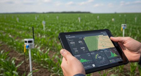 Hands holding a tablet displaying farming data and graphs in a field with green crops and sensors