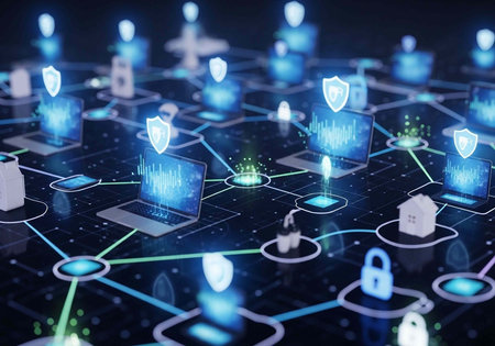 Futuristic network with laptops, shields, locks, and lines on a dark grid background