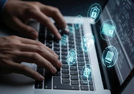 Close-up of hands on laptop keyboard with security icons and code on screen