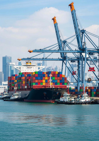 Large cargo ship loaded with multicolored containers docked at port with cranes and boats