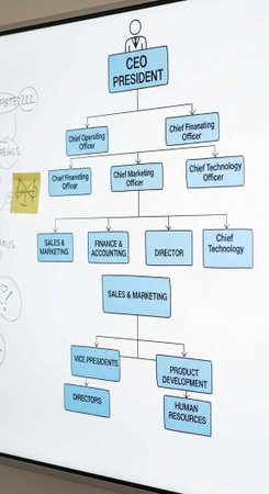 A detailed organizational chart on a screen showing CEO, departments, and staff hierarchy