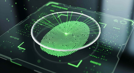 Close-up of a glowing green fingerprint on a futuristic digital screen with neon lines and dots