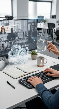 Person working on computer with virtual reality and video conference on screen in modern office...