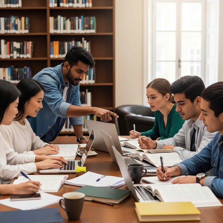 Students of various ethnicities working together on laptops and notebooks in a library