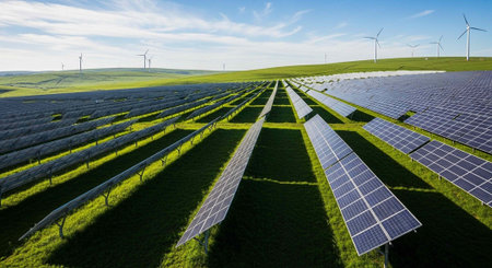 Aerial view of solar panels and wind turbines in a grassy field on a sunny day