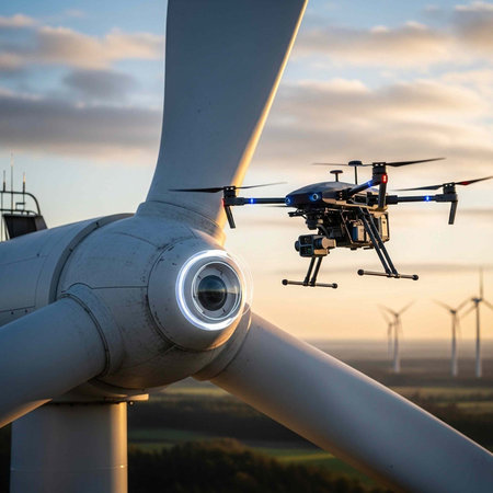 A drone hovers near a wind turbine blade with illuminated hub at sunset