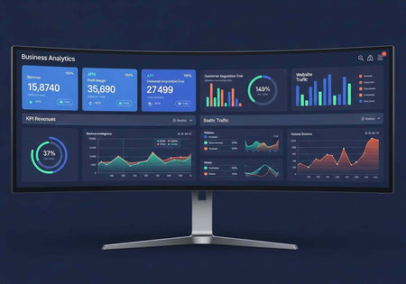 A computer monitor displays a business analytics dashboard with various graphs and charts