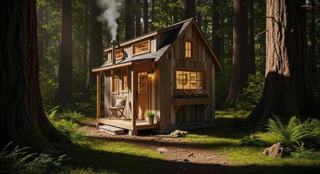 Small wooden cabin with porch and chair surrounded by tall trees and greenery in forest