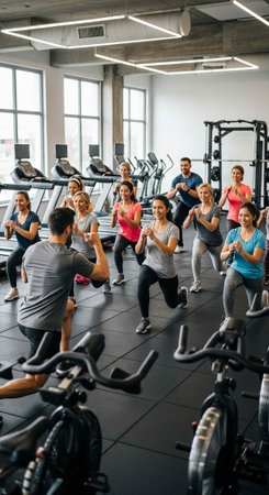 Group of people in workout clothes exercising in a gym with an instructor