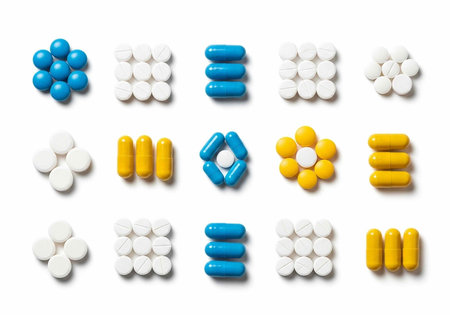 Collection of white, blue, and yellow pills and capsules arranged in patterns on a plain surface