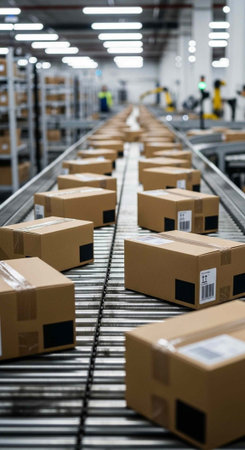 Brown cardboard boxes with barcodes on a metal conveyor belt in a warehouse setting