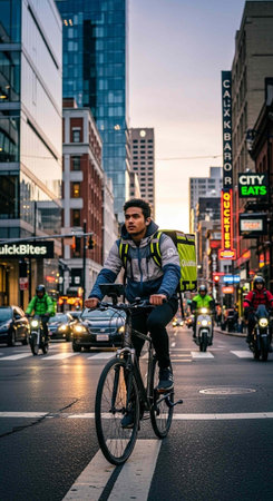 Cyclist wearing backpack rides through busy urban road with cars and buildings around him