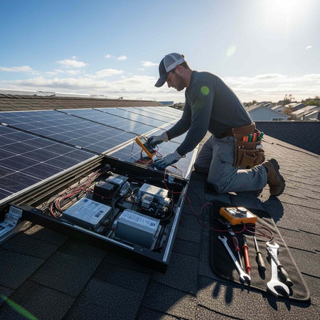 Man in workwear installing solar panels on a roof with tools and machinery