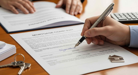 Close-up of hands signing mortgage agreement with pen on a wooden desk with keys and house model.