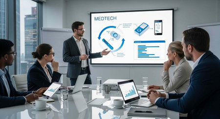 Group of people in business attire discussing MedTech presentation in a conference room