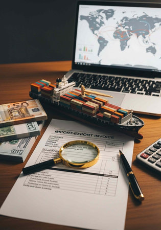 Workspace with shipping invoice, cargo ship model, cash, laptop, and office supplies on deskの写真素材