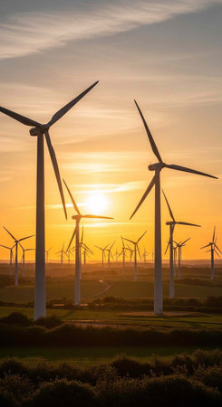 Silhouetted wind turbines stand in a green field against a vibrant orange sunset sky with clouds