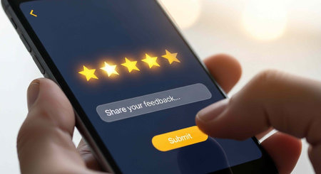 Close-up of hands holding phone with rating screen and submit button