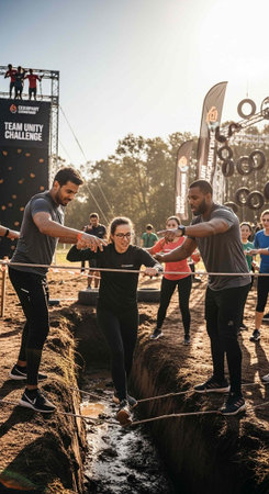 People helping each other cross muddy ditch with ropes in outdoor team building event