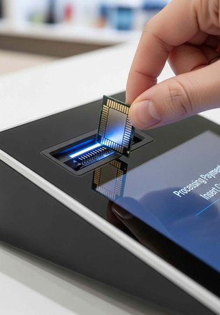 Close-up of hand with microchip, black device, and blue screen