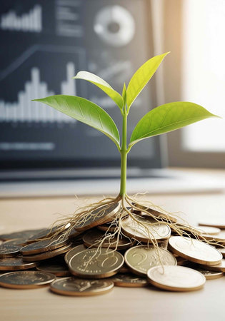 A small plant with green leaves and roots grows from a pile of coins on a desk