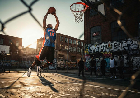 Basketball player in mid-air dunking ball into hoop on outdoor court with graffiti and cityscape