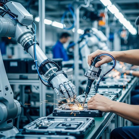 Robotic arm and human hand working together on welding task with sparks in industrial setting
