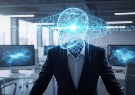 Man in suit with digital blue head and binary code in a contemporary office setting