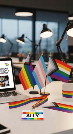 Office desk with laptop, rainbow flags, ally badge, and diversity symbols on a white tableの写真素材