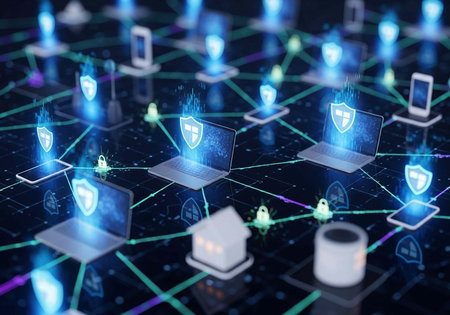 A futuristic network of devices with security shields and glowing lines on a dark background