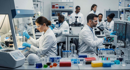Scientists in lab coats working with microscopes, test tubes, and other laboratory equipment