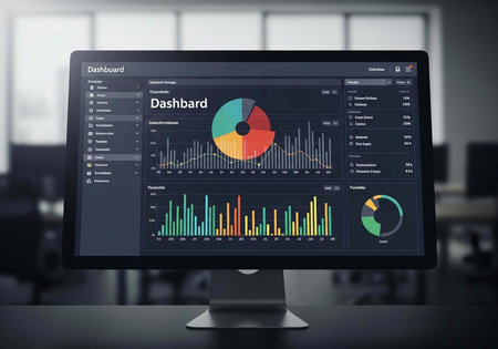 Computer monitor shows business dashboard with pie charts, bar graphs, and data analysis in office