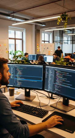 Man sitting at desk with two computer monitors, typing on keyboard in office settingの写真素材