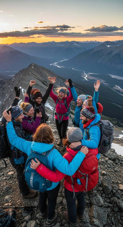 Diverse group of hikers in warm clothing standing on rocky mountain peak with arms raised and...