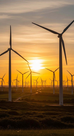 Rows of wind turbines stand against a breathtaking orange sunset with a serene landscape