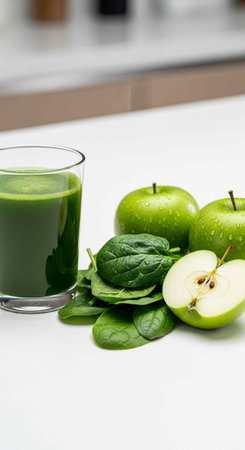 Glass of green juice with apples and spinach leaves on a clean white surface