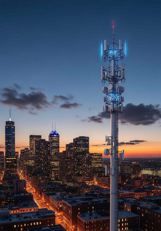 Aerial view of a city at dusk with a prominent communication tower and illuminated skyscrapers
