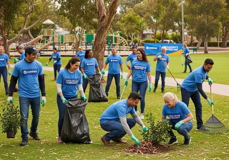 Group of people in blue shirts and gloves cleaning and planting in a park