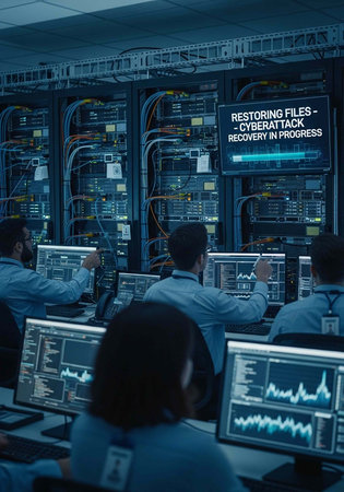 People in a server room working on computers with a large screen displaying cyberattack recovery...