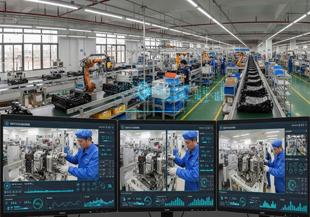 A large industrial factory with workers, machinery, and monitoring screens displaying production...